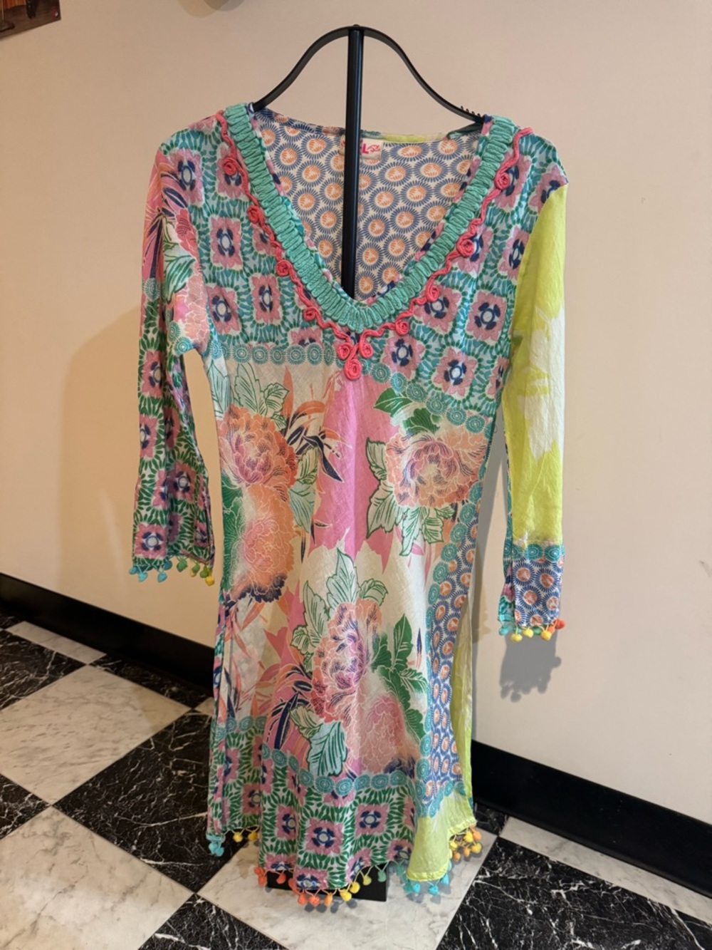 Z&L Europe Boho Floral Swim Coverup Tunic Dress Pom Pom Trim Small Beach Resort